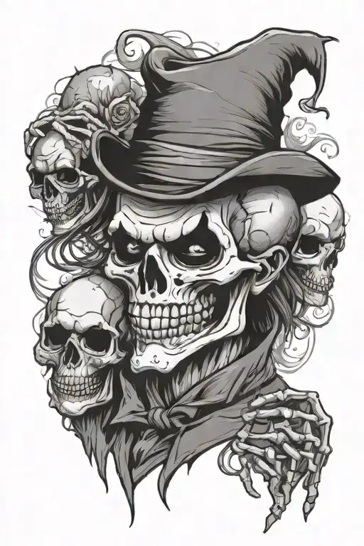 skeleton joker choosing betwin a happy face mask or a sad mask face in each hand tattoo design idea