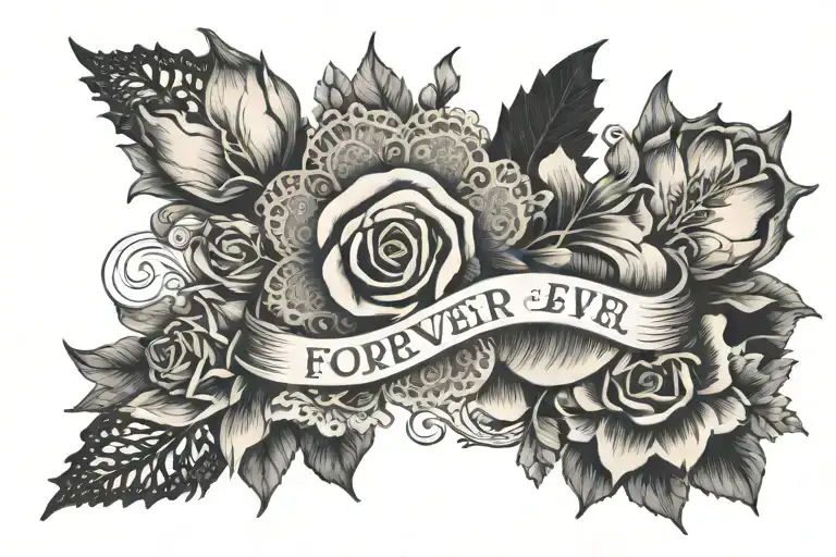 forever and ever amen words in fine line. lace, bone flowers and nautical theme tattoo design idea