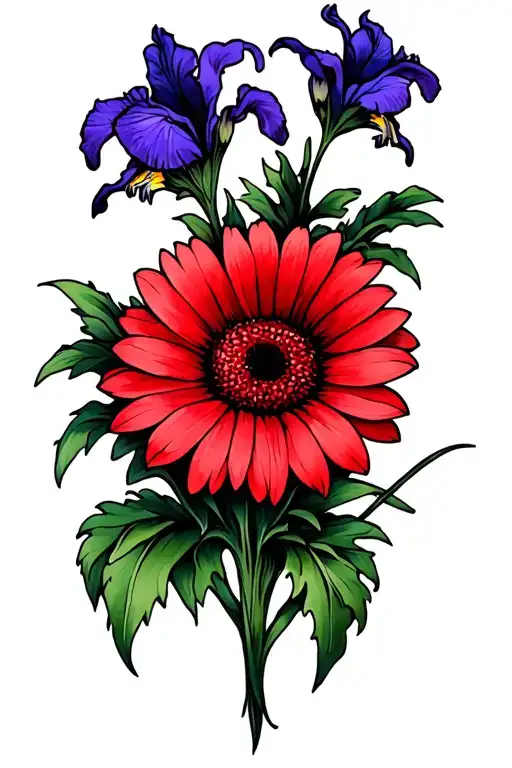 red gerbera daisy intertwined with purple iris flower tattoo design idea