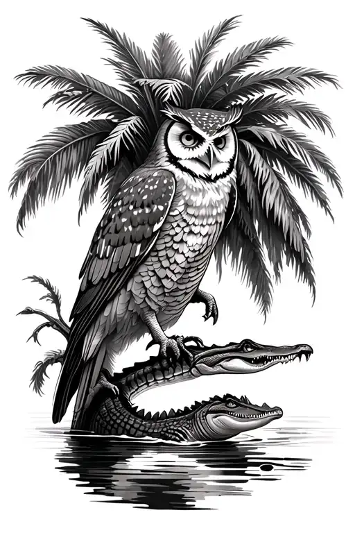 owl perched on a palm tree, alligator is jumping out of the water trying to eat it tattoo design idea