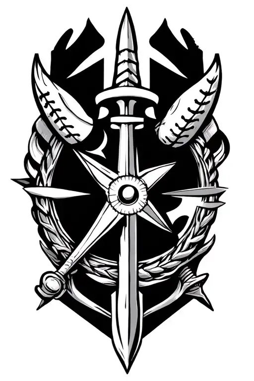 trident and compass and baseball seams tattoo design idea