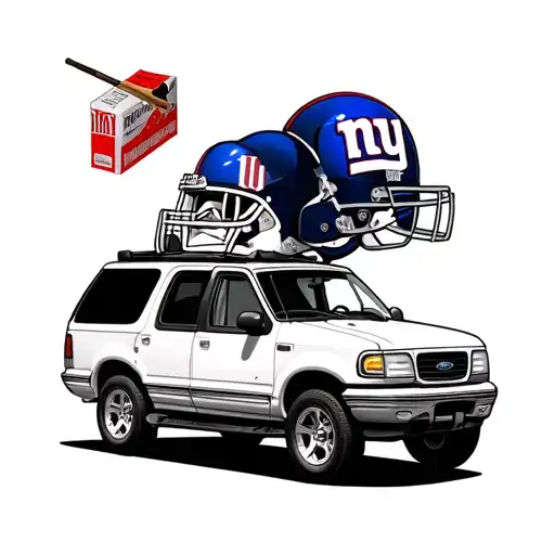 02 white ford explorer with a new York giants helmet, a pack of Marlboro red cigarettes, and a fishing rod on top  ofcar tattoo design idea