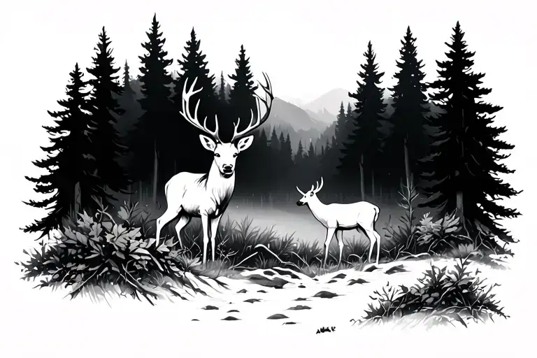 deer and forest scene tattoo design idea
