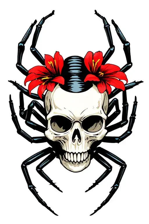 skull with black widow spider crawling arcoss it with red spider lilys tattoo design idea