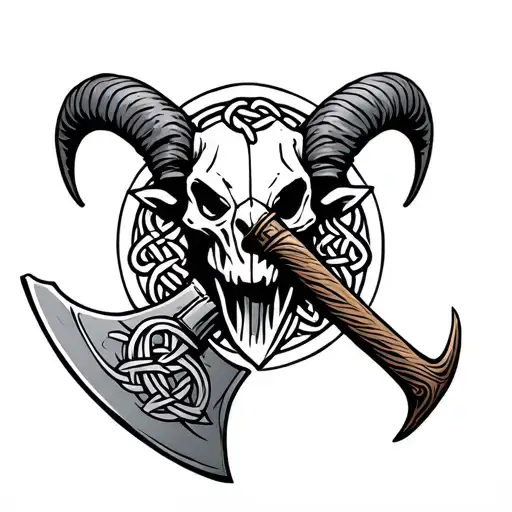 viking battle ax with celtic knot work inside the ax. behind the ax is a aries ram skull outlined with knot work  tattoo design idea
