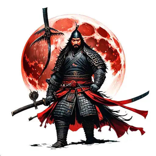 Wandering Ronin samurai warrior holding catana red moon background tattoo design idea