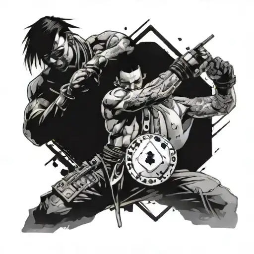 A cyberpunk-inspired design featuring martial arts moves and poker symbols tattoo design idea