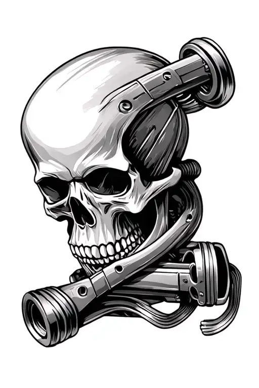 skull with engine pistons intertwined tattoo design idea
