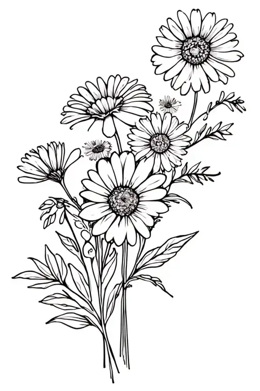 bouquet of flowers with a daisy, a marigold, a hawthorne and a aster tattoo design idea