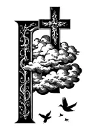 "שָׁלוֹם, דיונטיי, אַנִּי" cross with clouds and doves  tattoo design idea