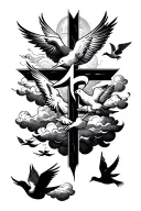 "שָׁלוֹם, דיונטיי, אַנִּי" cross with clouds and doves  tattoo design idea