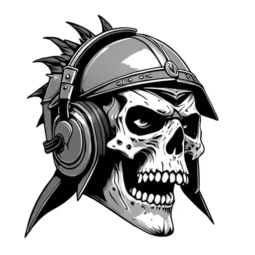 Gladiator helmet on angry skull wearing headphones tattoo design idea