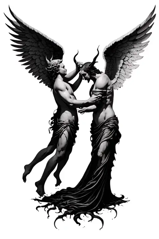 full sleeve angel and devil reaching for each other tattoo design idea