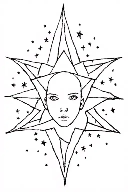 he face is surrounded by an eight-pointed star. Scattered around the figure are multiple small stars, giving a celestial tattoo design idea