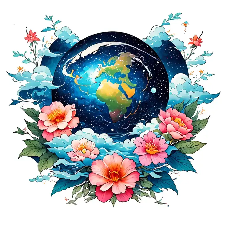 back tattoo with base as galactic symphony pattern with japanese style clouds and flowers showing the world tattoo design idea