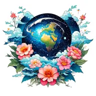 back tattoo with base as galactic symphony pattern with japanese style clouds and flowers showing the world tattoo design idea