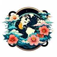back tattoo with base as galactic symphony pattern with japanese style clouds and flowers showing the world tattoo design idea