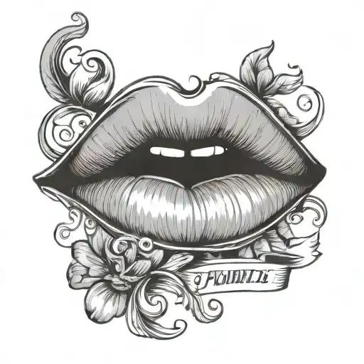 plump lips and above them the inscription Penis Sheath tattoo design idea
