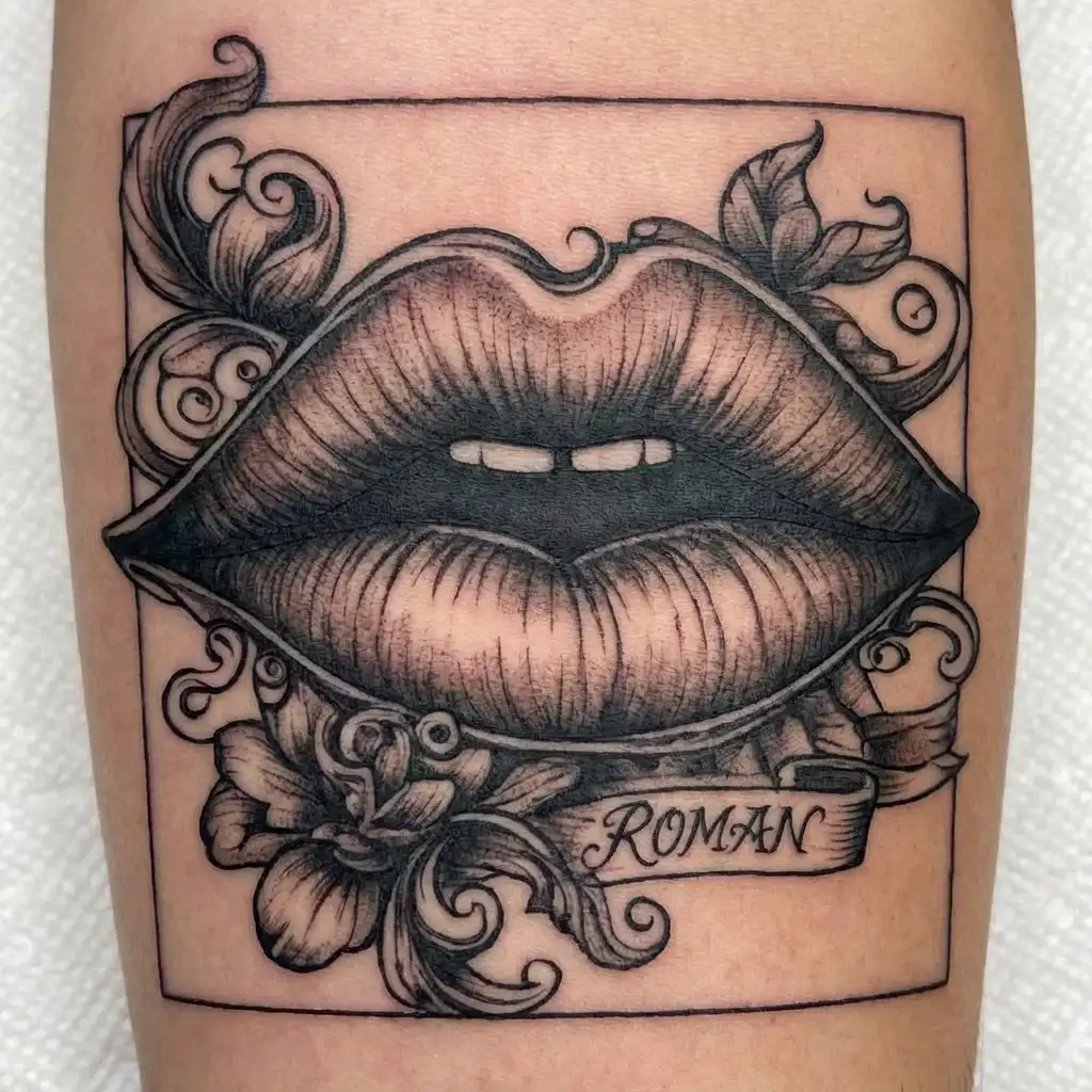 plump lips and above them the inscription Penis Sheath tattoo design idea