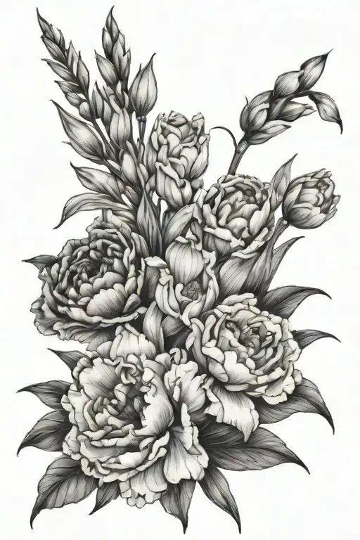 a small and delicate bouquet of gladioli and peonies (there should be a little more peonies), thin black lines tattoo design idea