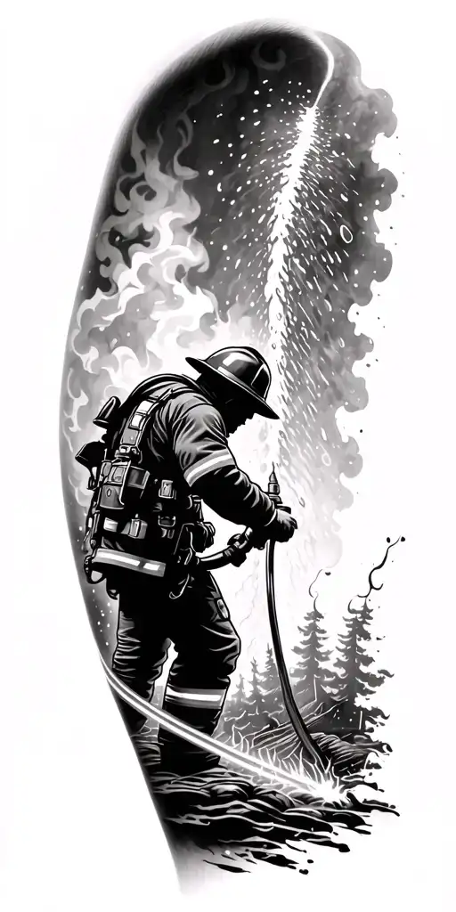 silhouette of firefighter at the bottom of my arm using a firer hose with water going up my arm to fall on a burning tre tattoo design idea