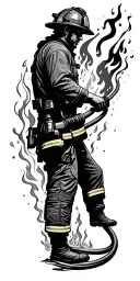 silhouette of firefighter at the bottom of my arm using a firer hose with water going up my arm to fall on a burning tre tattoo design idea