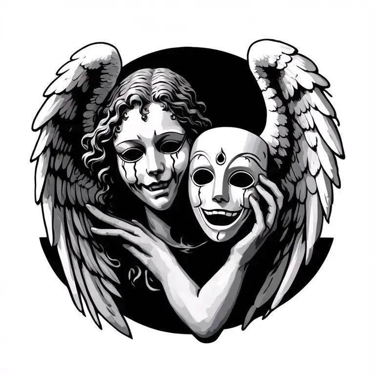 Weeping angel holding a smiling mask tattoo design idea