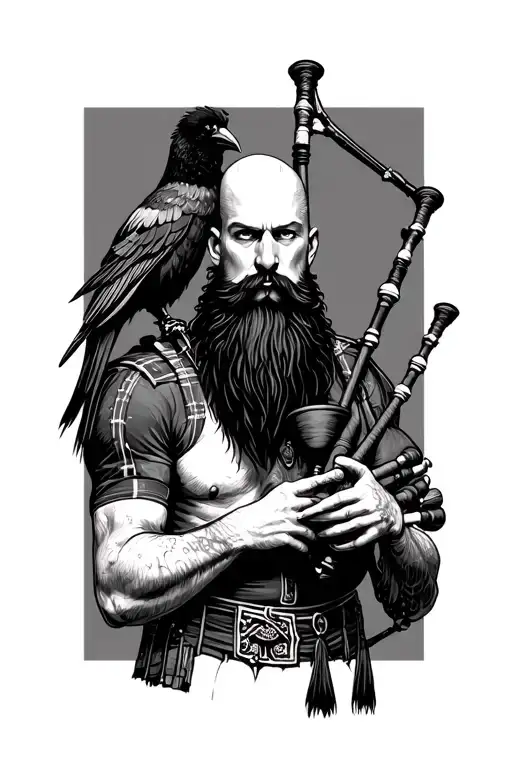 bald bagpiper with black beard with crow featherd muscular body with a mans head and hands playing blackbagpipes tattoo design idea