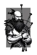 bald bagpiper with black beard with crow featherd muscular body with a mans head and hands playing blackbagpipes tattoo design idea
