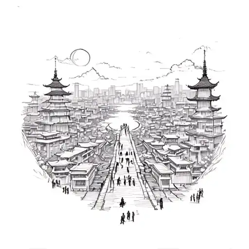 illustrate a vibrant city with hwanung at the center surrounding by people learning Korean mythology  tattoo design idea