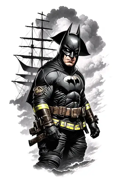Firefighter, Batman, pirate ship, dark fantasy scene tattoo design idea