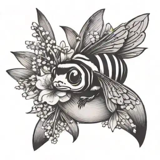bumble bee with lily of the valley, otter with daffodils, and tiger shark swimming tattoo design idea