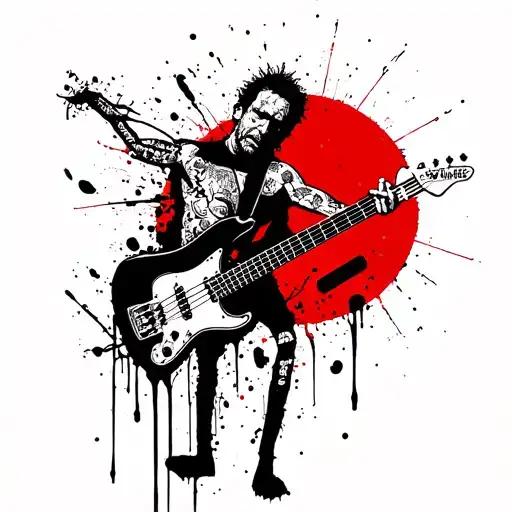Pearl Jam stickman holding a bass guitar with the name Matt on the neck on top of the Godsmack sun tattoo design idea