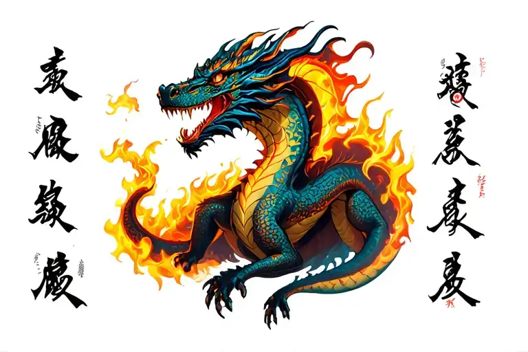 realistic dragon tattoo with realistic flames tattoo design idea