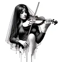 woman in a veil playing the violin unraveling from the feet half way up the leg tattoo design idea