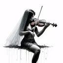 woman in a veil playing the violin unraveling from the feet half way up the leg tattoo design idea