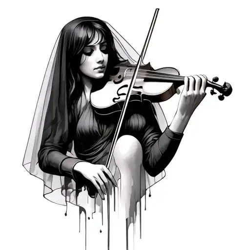 woman in a veil playing the violin unraveling from the feet half way up the leg tattoo design idea