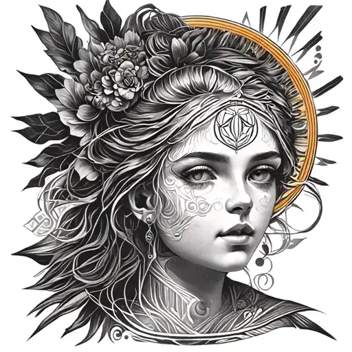 A beautiful woman's face with a halo Gemini symbol tattoo design idea