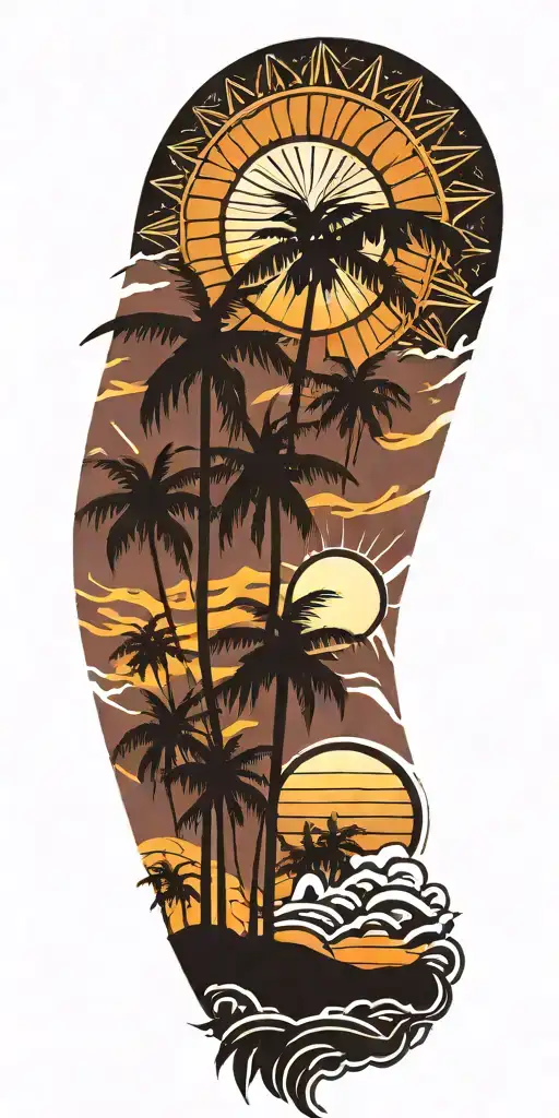tribal inspired design featuring, snow covered palm trees and sun rising  tattoo design idea