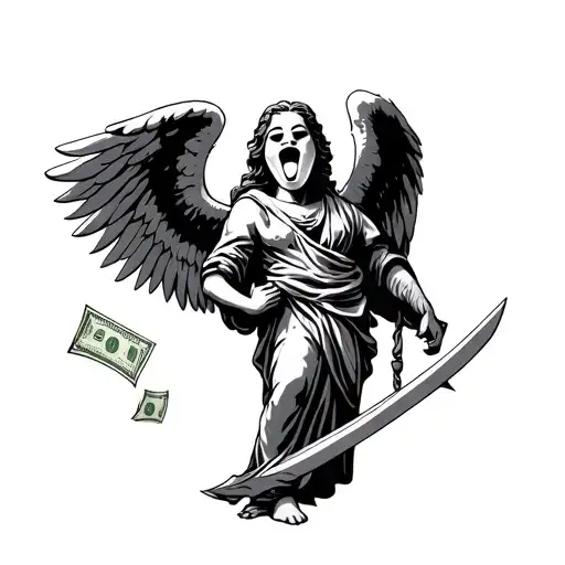 angel holding a sword, money, laugh now cry later mask tattoo design idea