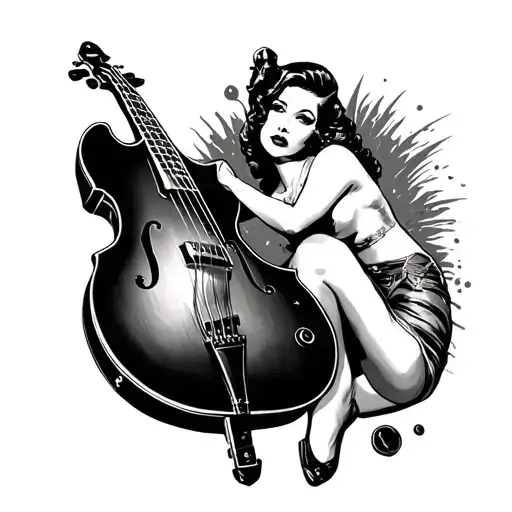 pin-up with rockabilly double bass guitar surrounded tattoo design idea