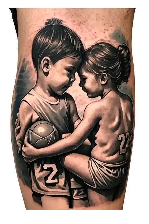 a tattoo on his right calf, with a little boy with the number 22 on his back and a ball, who is being held by his mother tattoo design idea