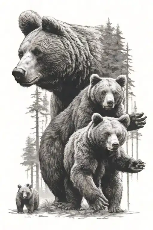 bear rours, and bear wife anda 2 bear child and forest tattoo design idea