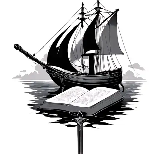 book, sailboat, and sword tattoo design idea