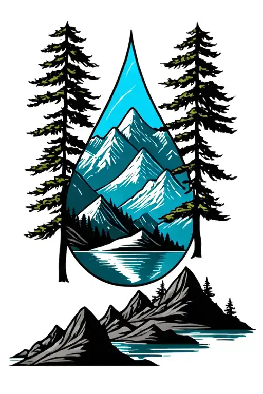 tear drop mountains and trees tattoo design idea