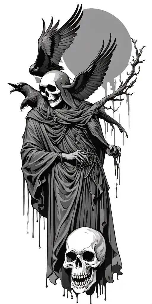 grim reaper with crow flying and skull tattoo design idea