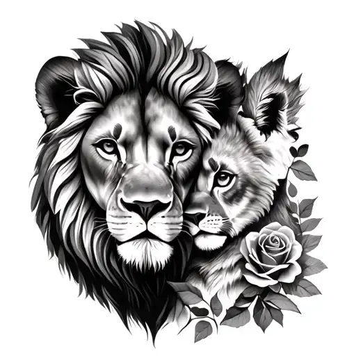 lion and cub faces with roses represet father and daughter tattoo design idea