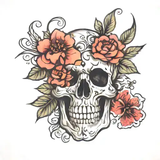skull and roses mayflowers hibiscus tattoo design idea