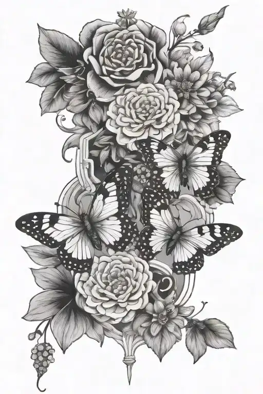 flowers, butterflies and honeycomb on the outside  tattoo design idea