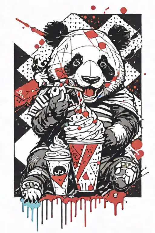 "A trash polka style image featuring a cute panda eating pastel ice cream, with sharp black and red geometric lines form tattoo design idea